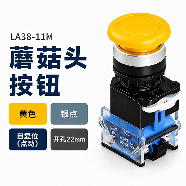 [商品] 使用【图1】红色蘑菇头按钮银点款SKU图（蓝色底座）；只改两处，其他全部保持不变。产品处理：把右侧产品的红色蘑菇头改成明黄色#FFC107，蘑菇头形状、大小、角度、银色金属环、黑色基座、蓝色透明触点底座全部不动，不要重绘产品其他部分。蓝色底座上的丝印（LA38、GB/T、440V、Ith:10A、AC-15、DC-13、CCC）位置颜色全部保持原样。
[画面] 唯一修改两处：1. 右侧产品红色蘑菇头改为明黄色#FFC107；2. 左上方那个红底白字"红色"胶囊，改成黄底#FFC107黑字"黄色"（黄色底上用黑字才看得清）。其他所有内容完全不变："LA38-11M"、"蘑菇头按钮"大字、蓝灰底白字"银点"胶囊、深蓝底白字"自复位（点动）"胶囊、深灰底白字"开孔22mm"胶囊、纯白背景、排版位置全部原样。不要改其他文字。
[视觉] 套系策略：风格=纯白极简SKU图，其余完全不变；仅将蘑菇头颜色和左上胶囊颜色从红色改为明黄色#FFC107，光影质感保持一致。
[文字] 左上胶囊内文字改为"黄色"两个字，黑色，胶囊底色#FFC107；其余所有文字全部保持原样不变。所有文字清晰锐利、无乱码、无缺笔。
[规格] 图片尺寸800×800px正方形，2K，quality=medium，sRGB色彩，JPG质量85；负向提示：不要改变产品形状大小角度、不要重绘产品其他部分、不要改变底座颜色、不要改变其他胶囊、不要改变背景、不要改变其他文字、不要改变丝印位置、不要改变排版、不要极限词、不要虚假宣传、不要第三方平台Logo、不要变形错字。