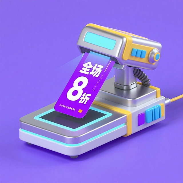 未来感科技风3D设计，金属与塑料质感融合，软3D风格呈现促销打印机吐出“全场8折”优惠券，充满节日促销氛围。