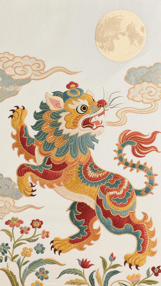 刺绣风工笔狮，中式古典纹样，重拟物细节，浮世绘云月背景，民族风情浓郁。