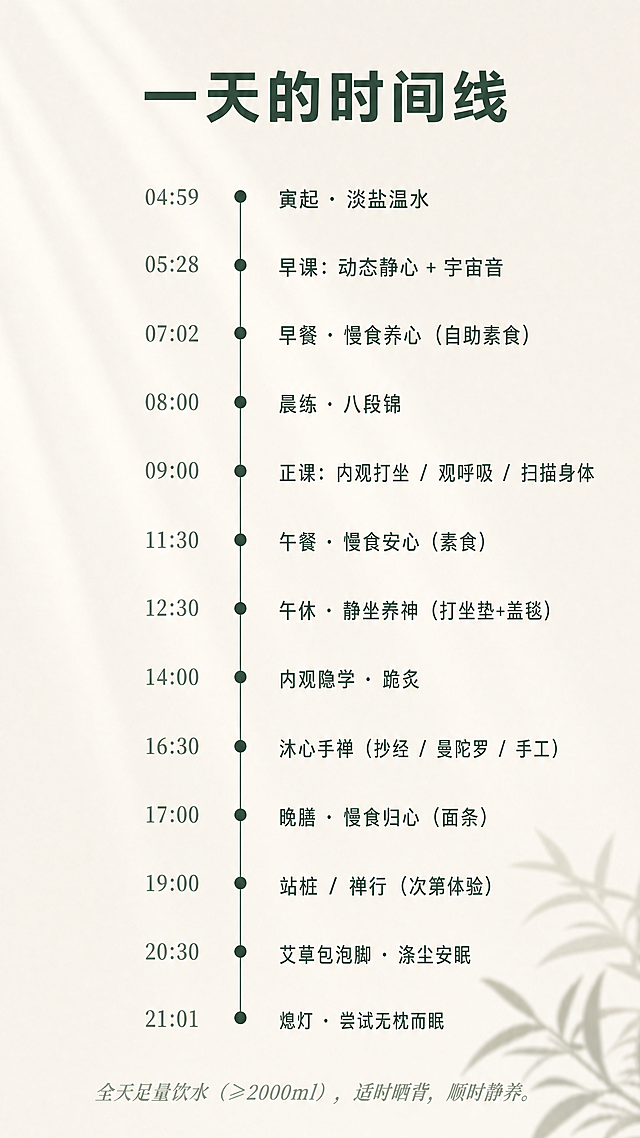 [第4屏] 本屏功能定义：每日日程时间线，呈现秩序之美。
[氛围/风格] 干净简约秩序感，禅意素雅风格，排版清晰有节奏，柔和自然光影。
[元素布局] 顶部标题"一天的时间线"，中间为竖向时间线设计，左侧标注时间，右侧对应内容，时间线用细深绿色竖线串联，每个时间点配小圆形节点，整体从上到下依次排列，每个条目留出合适间距，不拥挤，底部补充说明文字"全天足量饮水（≥2000ml），适时晒背，顺时静养。"。
完整时间内容：
04:59 寅起 · 淡盐温水
05:28 早课：动态静心 + 宇宙音
07:02 早餐 · 慢食养心（自助素食）
08:00 晨练 · 八段锦
09:00 正课：内观打坐 / 观呼吸 / 扫描身体
11:30 午餐 · 慢食安心（素食）
12:30 午休 · 静坐养神（打坐垫+盖毯）
14:00 内观隐学 · 跪炙
16:30 沐心手禅（抄经 / 曼陀罗 / 手工）
17:00 晚膳 · 慢食归心（面条）
19:00 站桩 / 禅行（次第体验）
20:30 艾草包泡脚 · 涤尘安眠
21:01 熄灯 · 尝试无枕而眠
[光影质感] 均匀柔和室内光，文字清晰锐利，时间线节点突出，整体明暗过渡自然。
[配色色系] 全局底色：#F2F0EA（米灰白）；标题：#3A4A3F（深松绿）；时间：#5A6A5F（中松绿）；时间线：#7A887F（浅松绿）；节点：深松绿填充。
[视角构图] 竖版全屏，居中对齐，左侧时间右对齐，右侧内容左对齐，时间线在两者之间，排版工整有序。
[文字版式] 顶部大标题加粗居中，正文时间字号稍小，内容字号清晰，行间距宽松，保证手机端每一行文字清晰可读，底部说明文字浅绿斜体。
[比例分辨率] 9:16竖版比例，4K分辨率，文字清晰可辨，超高清。
[负向提示词] 变形，水印，文字错乱，时间顺序颠倒，排版拥挤，颜色偏差，背景杂乱。