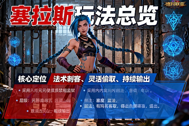 我想通过三张图片来介绍英雄联盟中的塞拉斯这个英雄的玩法以及攻略，要求生成的图片整体排版要有创业，完全符合英雄联盟这个游戏背景