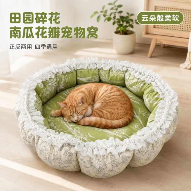 「图片1」，生成一套主图（5张），商品名称田园碎花南瓜花瓣窝 正反两用 棉帆布高弹宠物窝，卖点是🌼 正反两用设计	一面清新碎花、一面温柔纯色，两种风格随心换，适配不同季节与家居场景
☁️ 高弹珍珠棉预览效果