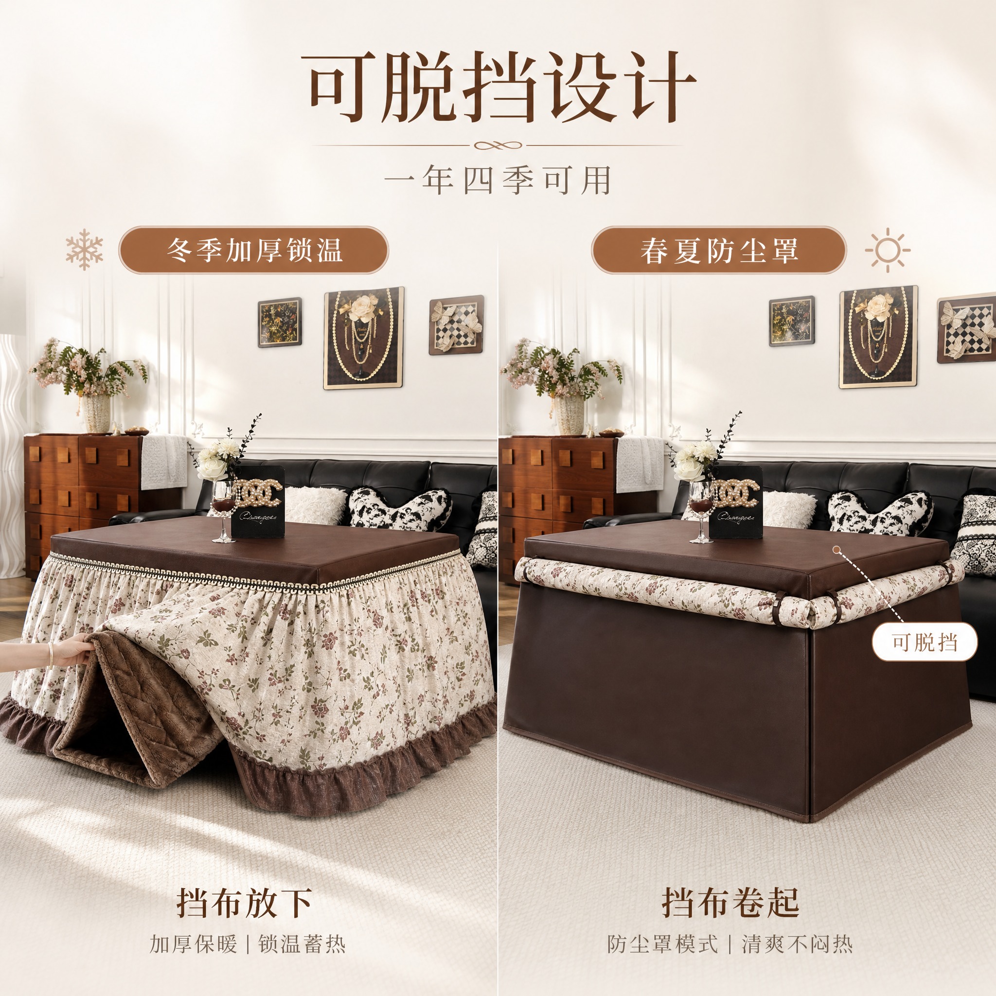 [主图-2] 皮罩款烤火被 可脱挡设计与四季可用卖点展示。 [… - 图片创意预览