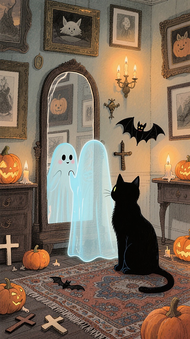 主体是一个可爱的幽灵，站在镜子前照镜子，旁边有一只黑色猫咪。背景是挂满艺术作品的收藏室，装饰着南瓜灯、蝙蝠、蜡烛等万圣节元素，地面有南瓜、十字架和地毯