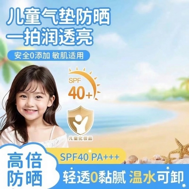 去掉图片右侧的防晒霜产品，保留原图的小女孩、所有文字文案、海滩背景以及海星等装饰元素，智能补全去掉产品后的区域，保持整体风格和色调和原图一致预览效果