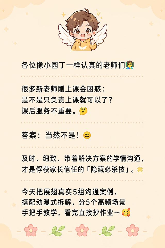 帮我做一条H5长图，想放在微信公众号推文：
 一、推文基础设定（带有展翅日系治愈风格）
 标题（二次元软萌双版本，内部师资用）
1. 软萌款：✨展翅老师成长手册｜5套家校沟通漫画案例，把课后服务做到满分
2. 直白款：新老师必看！动漫图解精细化学情沟通，读懂家长沟通逻辑

画面：Q版展翅小老师抱着作业本、对话框飘出家校聊天气泡，暖橙马卡龙底色
大字标题：做好课后服务｜家校沟通全攻略
小字副标题：5组真实案例动漫拆解，展翅老师轻松上手
整体调性
日系治愈动漫风，短句分段、软萌表情符号、分割线用卡通边框，弱化严肃培训感，让新老师轻松看懂、愿意收藏学习。

【开篇导语｜无图，动漫氛围感文字】
各位像小园丁一样认真的老师们👩‍🏫
很多新老师刚上课会困惑：是不是只负责上课就可以了？课后服务不重要。
答案：当然不是！
及时、细致、带着解决方案的学情沟通，才是俘获家长信任的「隐藏必杀技」。
今天把展翅真实5组沟通案例，搭配动漫式拆解，分5个高频场景手把手教学，看完直接抄作业～

卡通分割线：🌸🍃🌸🍃🌸

场景1｜家长主动提问孩子效率，细节拉满不敷衍
配图：「图片1」（对学生情况做到了如指掌）
动漫风讲解文案
💬场景剧情：家长主动询问孩子写作业效率低的问题
❌错误示范：只说“孩子有点分心、写得慢”，模糊无细节
✅正确操作
1. 完整还原当晚辅导全过程：从耗时记录、分心原因、学科难点、身体状态等方面告知家长情况
2. 客观描述事实，不贴负面标签，条理清晰一目了然
📌教师知识点：把孩子每一段学习流程记在心里，家长一问就能完整复盘，专业度直接拉满！

卡通分割线：🌸🍃🌸🍃🌸

 场景2｜日常主动播报学习状态，提前预防小问题 配图：（特殊情况实时与家长播报）
 动漫风讲解文案
💬场景剧情：孩子上课犯困、精力不足，主动同步家长
❌错误示范：等家长发现问题再来反馈，被动沟通
✅正确操作「图片1」
1. 先夸孩子今日微小进步，温柔铺垫，不全部是负面消息
2. 同步校内调整动作：记录每项作业用时，量化管控效率
3. 给出家庭简单可执行小建议（午休调整），家校双向配合
📌教师知识点：不止盯分数，关注孩子作息、专注力这类底层小习惯，做提前干预的细心老师！

卡通分割线：🌸🍃🌸🍃🌸

 场景3｜考后完整试卷复盘，逐项拆解薄弱点
 配图：「图片1」（考后试卷分析）
 动漫风讲解文案
💬场景剧情：单元测试结束，和家长同步整张试卷失分问题
❌错误示范：一句“孩子粗心，考得不好”笼统带过
✅正确操作
1. 认真梳理失分要点，具体分析 + 精准归类
把试卷错题分两类：基础粗心失分、知识点不会失分，逐条标注对应题号与错误原因
2. 主动安抚家长焦虑，说明超纲内容后续课堂会巩固检测
3. 清晰告知后续查漏补缺计划，给家长安全感
📌教师知识点：把每一处短板讲透，家长清楚孩子该补什么，减少盲目焦虑！

卡通分割线：🌸🍃🌸🍃🌸

场景4｜孩子存在学科畏难，定制轻量化提升方案
配图：「图片1」（与家长及时沟通学生问题）
 动漫风讲解文案
💬场景剧情：孩子计算速度慢、害怕做题，自信心不足
❌错误示范：疯狂布置大量习题，加重孩子抵触畏难情绪
✅正确操作
1. 先肯定孩子认真坚持的闪光点，保护学习积极性
2. 三步分层提升计划：简单题建立信心→每日10分钟少量练习→动态调整难度
3. 布置家庭极简配套练习，低负担巩固基础
📌教师知识点：循序渐进帮孩子重建自信，分层教学才能消解畏难心态！

卡通分割线：🌸🍃🌸🍃🌸

场景5｜同步重难点专项习题，打造教学闭环 配图：「图片1」（布置课后作业，心系学情）
 动漫风讲解文案
💬场景剧情：单元重难点题型，配套专项练习给到家长
❌错误示范：只发习题文件，不说明使用方法、无后续讲解规划
✅正确操作
1. 清晰标注学生薄弱项，并匹配对应重难点专题
2. 告知家长碎片化时间完成即可，不强制施压
3. 承诺课堂批改和细致讲解，形成完整教学闭环
📌教师知识点：主动配套学习资源，全程跟进薄弱知识点，让家长看见我们的用心！

卡通分割线：🌸🍃🌸🍃🌸

 三、4条通用沟通守则（动漫清单版式）
 📜展翅老师沟通4大黄金守则
1. 先扬后抑魔法✨：任何反馈先找孩子闪光点，再客观说明不足
2. 细节具象buff🎐：拒绝“粗心、状态差”模糊词，用场景、时间、题型等具体情况举例
3. 方案配套技能📝：指出问题必须同步「课堂解决办法+家庭配合动作」
4. 温柔安抚buff🍡：多用“稳步提升、循序渐进”，不放大短板制造焦虑

 四、展翅课后沟通模板：提出可落地改进方案+对应问题配解决办法
XX家长下午好～跟您同步下孩子近期学习情况🌸
孩子这段时间学习态度很认真，一直在坚持进步！
目前孩子在XX题型上速度偏慢，偶尔会分心/畏难，影响作业效率。
课堂上我会先从简单基础题入手帮孩子建立信心，每天安排少量短时练习，后续根据孩子状态调整难度。
麻烦您在家有空简单配合练习一下，我们家校一起努力，陪着孩子慢慢稳步提升～
 五、文末动漫风总结升华
优质课后服务，从来不是写完作业就结束啦！
以上5组真实沟通案例，藏着做好家校服务的核心密码：主动、及时、有细节、有方案。
希望各位展翅老师都能学会精细化学情同步，用细致和专业打动家长，家校同心陪伴孩子成长。
平时沟通遇到难题，随时找师资老师一起交流讨论哦！（电话：134-2332-9464）

 文末互动小板块
💌互动留言：大家平时家校沟通有什么好用小技巧？评论区分享，一起解锁更多沟通小妙招～
💡收藏小贴士：点击收藏本文，日常沟通随时翻看参考！
以上的推文以展翅君「图片1」「图片1」为模型，不要出现其他图案人物模型
