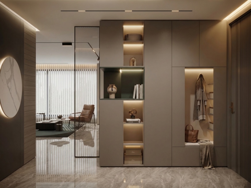参考原图布局和风格，生成同款现代简约轻奢风玄关鞋柜储物柜设计，保持整体配色和结构，做出细节差异，通透玻璃隔断，客厅单人休闲椅，竖百叶窗帘，大理石地面，保持空间高级氛围感预览效果