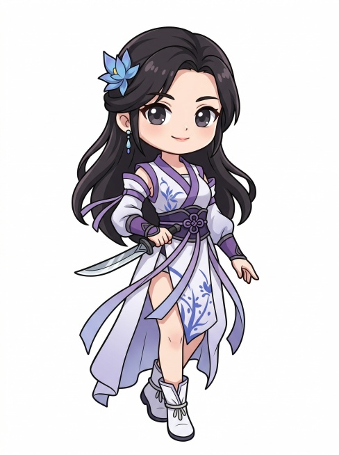 将图1的古风女侠客角色转换成Q版全身像，参考图2的Q版插画风格，保持原角色的紫白配色和服饰设计，白色背景，Q版可爱造型，完整全身展示预览效果