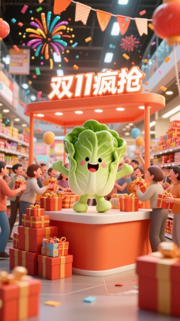 主视觉为白菜小人在繁华的购物中心里，和众多顾客一起围着促销展台抢购商品，展台上方挂着 “双 11 疯抢” 的闪亮吊旗，周围货架摆满堆头礼盒，空气中飘着彩色促销礼花，整体是充满活力的橙红色调。预览效果