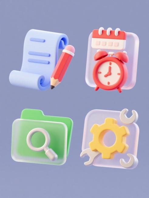 4个不同元素的3D立体图标系列，每个图标均采用光滑半透明渐变材质，带有柔和高光与阴影，呈现出圆润的卷边设计，图标内容分别为：左侧蓝色卷轴纸张与铅笔、红色日历与闹钟、绿色文件夹与放大镜、黄色齿轮与扳手，所有图标规整排列在纯色背景上，保持统一的3D立体风格与明亮欢快的氛围。预览效果