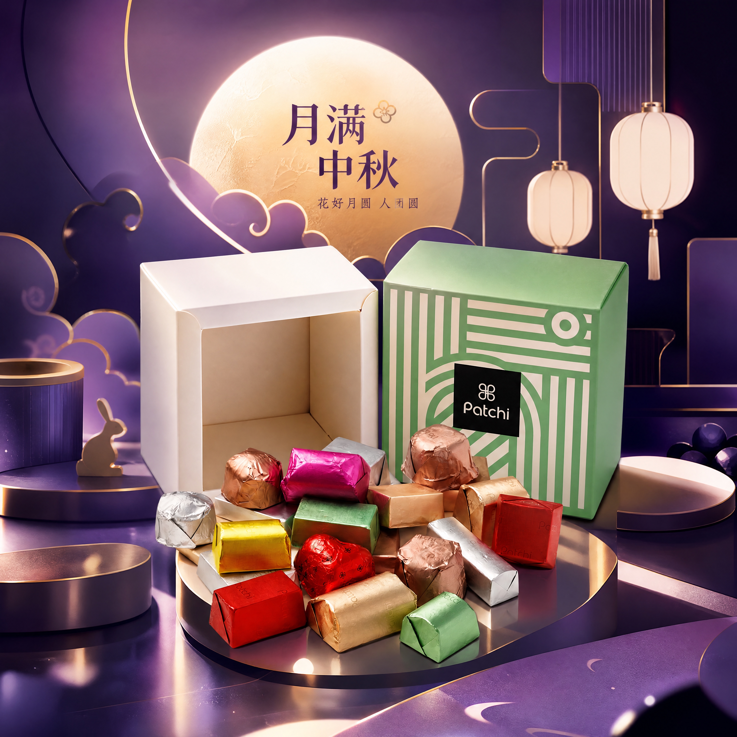 中秋节高端商业产品海报，主体是Patchi巧克力礼盒与多颗不同… - 图片创意预览