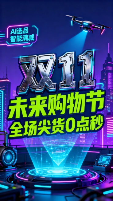蓝紫色赛博朋克风格双11促销海报，背景是霓虹光效的城市剪影，中央是带有金属质感的“双11”机械字体，搭配荧光绿标语“未来购物节 全场尖货 0 点秒”，画面融入无人机、全息投影等科技元素，左上角标注“A预览效果