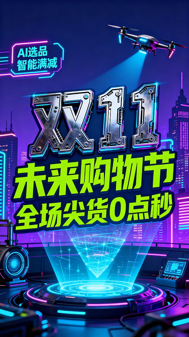 蓝紫色赛博朋克风格双11促销海报，背景是霓虹光效的城市剪影，中央是带有金属质感的“双11”机械字体，搭配荧光绿标语“未来购物节 全场尖货 0 点秒”，画面融入无人机、全息投影等科技元素，左上角标注“AI 选品 智能满减”，整体充满科技感，突出数字化购物体验