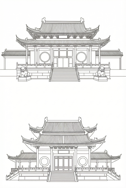 参照参考图片中的晋祠建筑样式，生成晋祠圣母殿正面的纯黑线描图，保持原建筑结构和样式不变，只保留清晰干净的黑色轮廓线条，适用于Illustrator软件图像描摹预览效果