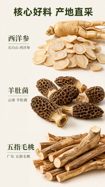 [第8屏] 核心食材产地品质特写展示，分别展示西洋参、羊肚菌、五指毛桃三种核心食材特写并标注产地。
[氛围/风格] 天然品质感，高端食品摄影，突出优质干货原生质感，保持风格统一。
[元素布局] 顶部标预览效果