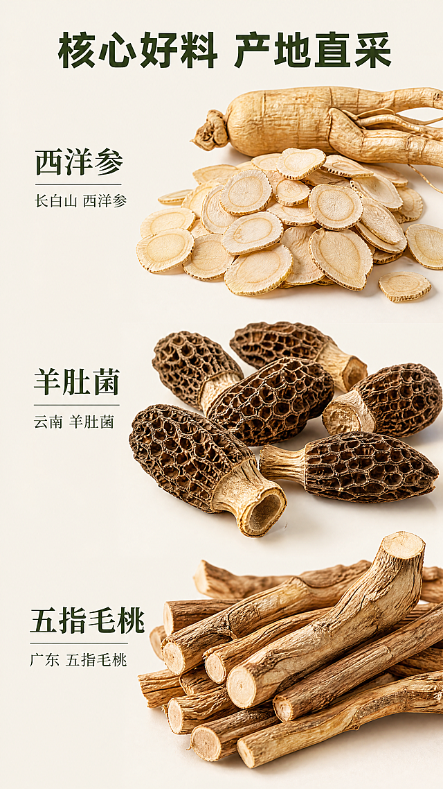[第8屏] 核心食材产地品质特写展示，分别展示西洋参、羊肚菌、五指毛桃三种核心食材特写并标注产地。
[氛围/风格] 天然品质感，高端食品摄影，突出优质干货原生质感，保持风格统一。
[元素布局] 顶部标题，画面分为上中下三区，每个区横向排列一种食材特写+产地说明文字，食材清晰展示纹理形态，保持每种食材外观颜色与真实一致，不重叠遮挡，主体占比约80%。
[光影质感] 侧光突出食材表面纹理，明暗层次清晰，整体通透自然，质感真实。
[配色色系] 全局底色：#f5f5f0（浅米燕麦色）；文字深橄榄绿，食材保留天然原色，整体自然清新，和前面屏风格统一。
[视角构图] 纵向三段式排版，特写平视视角，每区食材展示清晰，层次分明。
[文字版式] 顶部主标题「核心好料 产地直采」，加粗深绿大字居中。第一区：西洋参，标注「长白山 西洋参」；第二区：羊肚菌，标注「云南 羊肚菌」；第三区：五指毛桃，标注「广东 五指毛桃」。每种食材名称在上，产地在下，文字清晰不遮挡主体。
[比例分辨率] 9:16 竖版比例，4k分辨率，文字清晰可辨，超高清。
[负向提示词] 变形，水印，文字错乱，缺件错件，颜色偏差，产品图模糊，背景杂乱