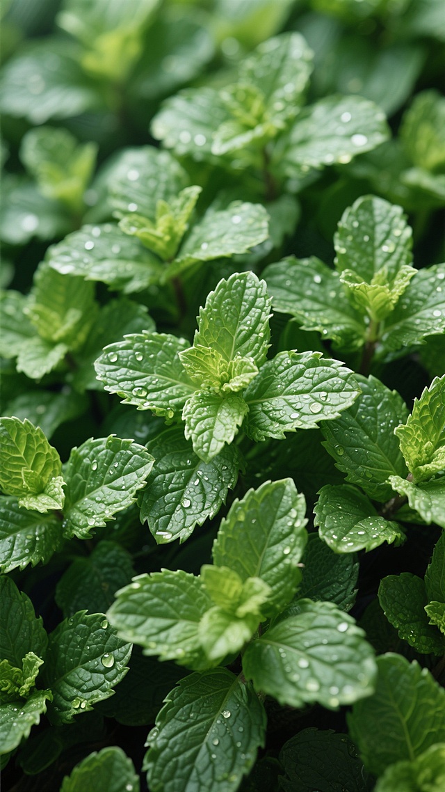 高清摄影风格的薄荷叶背景，大量新鲜薄荷叶紧密排列形成满版构图，叶片呈现鲜绿色至深绿色的自然渐变，表面布满清晰可见的细密纹理和凹凸叶脉，叶尖微微卷曲，边缘有细小锯齿，叶片上点缀着晶莹的水珠增添湿润感，整体光影柔和均匀，呈现出自然通透的质感，营造出生机盎然、清新自然的氛围，无其他多余元素干扰。