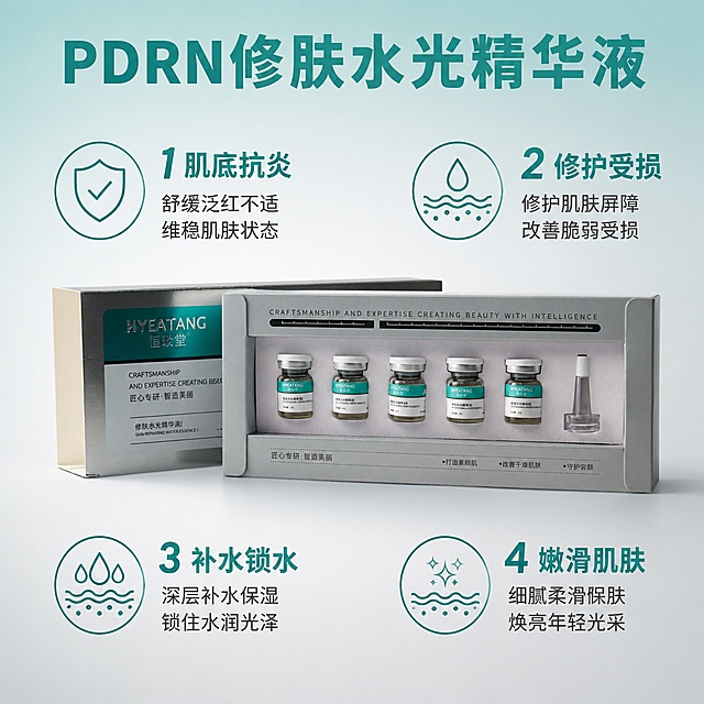 [主图-9] 核心功效汇总图
[氛围风格] 直白清晰大卖点拼多多风格
[画质] 清晰商业摄影，信息直观
[元素] 整套精华液产品礼盒居中放置，背景用浅青渐变到浅灰，四周添加功效图标配文案，产品主体突出不遮挡。**保持产品外观（即物理结构、材质质感、颜色）与输入产品图绝对一致，杜绝任何变形和色差，精细化处理**。商品主体占比约60%
[光影] 中心打亮产品，四周文字区域光线均匀，整体通透干净
[配色] 浅青到浅灰渐变背景，产品原有银灰青绿色，文字用深灰和青绿对比清晰
[视角构图] 中心构图，产品居中，四周文字均衡分布，不拥挤不遮挡
[文字版式] 顶部大字「PDRN修肤水光精华液」青绿粗体，四周分点排列四大卖点：①肌底抗炎 ②修护受损 ③补水锁水 ④嫩滑肌肤，每个卖点配简单圆形图标，文字清晰大字突出，符合拼多多直白风格，所有文字不遮挡主体
[输出要求] 1:1 比例，2048*2048分辨率，文字清晰可辨，超高清商业摄影
[负向提示词] 变形，文字错乱，产品图模糊，背景杂乱，水印，电商平台Logo
