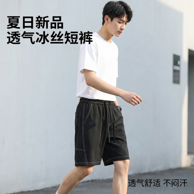 [主图 1] 男士黑色休闲短裤街头场景上身展示，休闲日常松弛氛围感，年轻男生模特（亚洲面孔）穿着黑色短裤自然走动，版型宽松，展示明线撞色设计和抽绳松紧腰，背景是简约干净的浅灰色街头墙面，自然柔和光线，预览效果