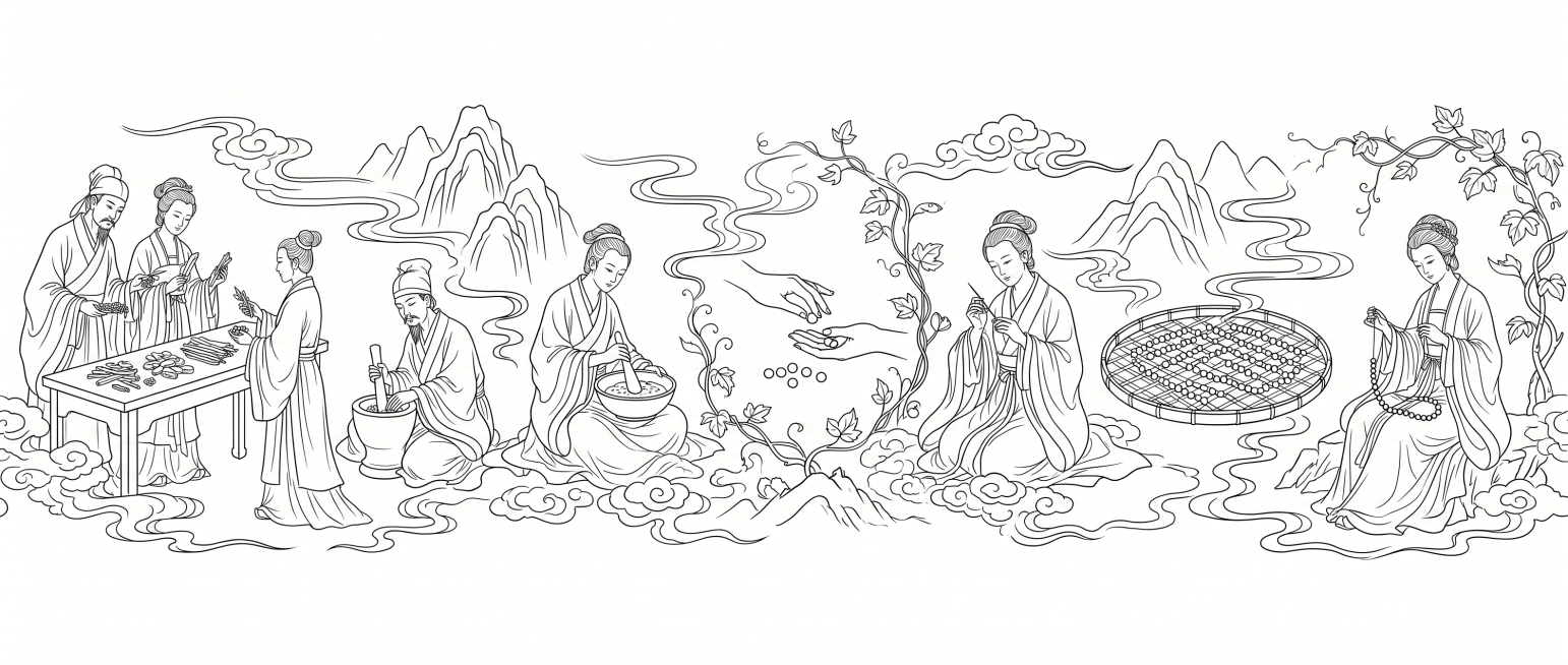 纯白背景，纯黑色矢量线条，无任何色块填充，无阴影，无色彩。白描风格，中国古风，细密线描。画面为横轴长卷构图，展现古人制作中药合香珠的全过程，分为多个连贯场景：
场景1 – 选药：古人手持药材（甘草、白预览效果