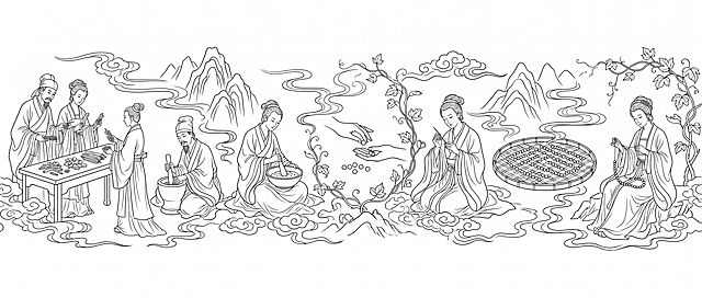 纯白背景，纯黑色矢量线条，无任何色块填充，无阴影，无色彩。白描风格，中国古风，细密线描。画面为横轴长卷构图，展现古人制作中药合香珠的全过程，分为多个连贯场景：
场景1 – 选药：古人手持药材（甘草、白芷、沉香），案上铺陈；
场景2 – 研磨：用石臼和药杵捣药；
场景3 – 和泥：加入白芨粉和水，搅拌成香泥；
场景4 – 搓珠：手工揉搓成圆珠状；
场景5 – 穿孔：用细针刺孔；
场景6 – 晾晒：将香珠排列在竹筛上阴干；
场景7 – 穿绳：用丝线串成手串。
人物穿宋代或明代宽袍，姿态优雅。各场景之间用流动的祥云纹、山形纹、袅袅升起的香烟、缠绕的藤蔓等传统装饰线条自然串联，所有线条细腻、流畅、连贯，无断点。整体风格如古代木刻版画或白描长卷，富有文人气息，宁静雅致。