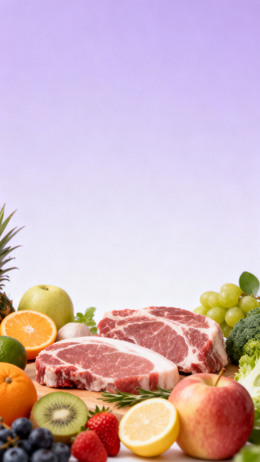 浅紫色渐变背景，底部摆放新鲜的水果、生鲜肉类等食材，光影柔和，干净简约的生鲜展示场景，无文字无灯具无LOGO预览效果