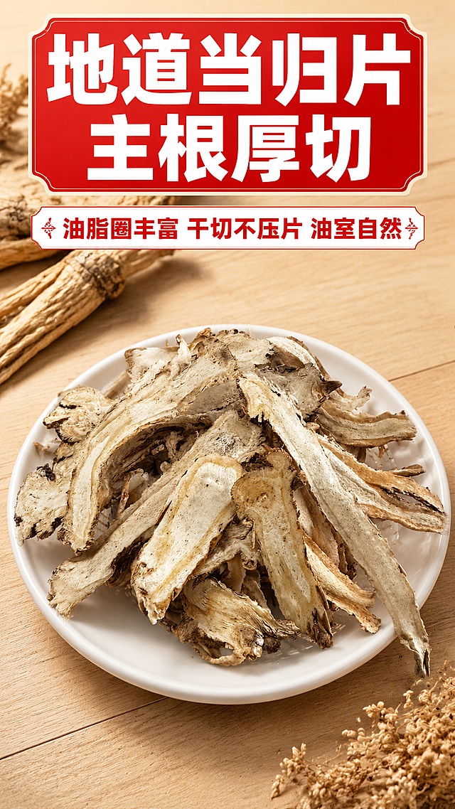 使用商品详情页技能根据商品图「图片1」生成详情页，参考图为「图片1」，商品名称为当归片，卖点为 ，适配平台为拼多多，图片比例为9:16，需求屏数为1张，1：1转换