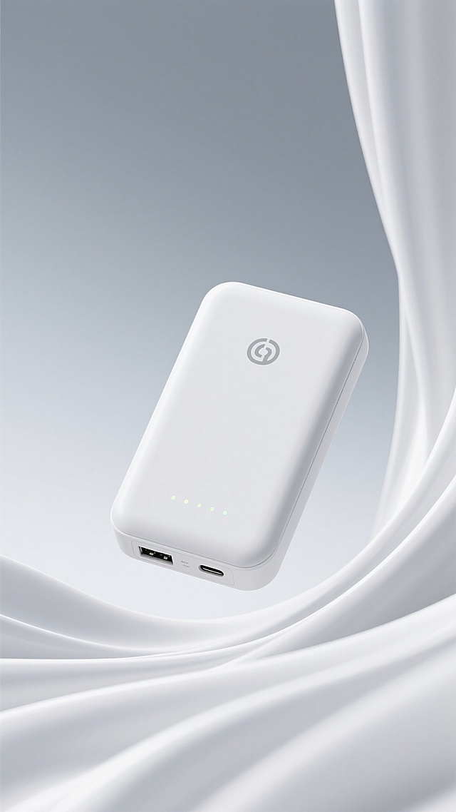 一个简约现代风格的白色充电宝，采用光滑细腻的哑光材质，边缘圆润处理，正面有品牌logo和四个电量指示灯，底部配备两个USB-A接口和一个USB-C接口，轻盈悬浮在流动感十足的白色丝绸背景上，背景采用柔和的浅灰色渐变，整体画面干净通透，光线从左上方柔和照射，在充电宝右侧和丝绸褶皱处形成自然的高光与细腻阴影，营造出优雅、科技感与质感并存的氛围，构图以充电宝为视觉中心，丝绸背景呈波浪状环绕，凸显产品的简洁设计与高端品质。