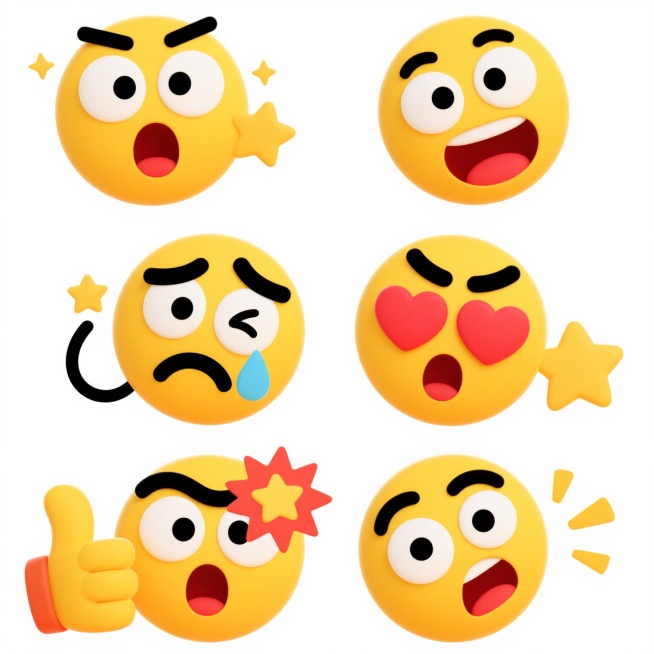 六个不同造型的惊讶表情符号系列素材集合，每个表情符号都有圆形黄色脸蛋、黑色眉毛、大眼睛、张开的红色嘴巴和带星星的竖起大拇指，造型分别为：1. 眉毛上挑，眼睛睁大，星星闪烁；2. 眉毛皱起，眼睛眯起，星星带尾巴；3. 眉毛下垂，眼睛含泪，星星暗淡；4. 眉毛弯起，眼睛带爱心，星星呈心形；5. 眉毛竖起，眼睛瞪大，星星爆炸状；6. 眉毛倾斜，眼睛斜视，星星旋转状。所有表情符号均为白色背景，色彩鲜艳……预览效果