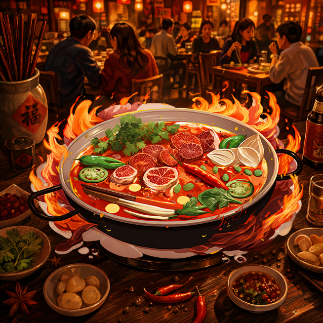 美食插画火锅，将火锅主体完整保留，放入热闹的餐厅用餐场景中，营造温馨有食欲的氛围。
主体：火锅严格参照上传产品图，完整保留所有可见组件、轮廓、结构、比例、材质、颜色，与上传图完全一致。产品为第一视觉焦预览效果