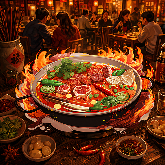 美食插画火锅，将火锅主体完整保留，放入热闹的餐厅用餐场景中，营造温馨有食欲的氛围。
主体：火锅严格参照上传产品图，完整保留所有可见组件、轮廓、结构、比例、材质、颜色，与上传图完全一致。产品为第一视觉焦点，完整不裁切。
构图：45度俯拍构图，背景无其他同类火锅，产品平稳放置于餐桌。
风格：手绘美食插画风格。
场景：热闹中式餐厅用餐场景，充满烟火气。
空间：①火锅放置于深色木质餐桌；②背景是模糊的餐厅暖色灯光。
配色/材质：红棕色暖色调，木质餐桌，浓郁油画质感。
光影：主光从斜前方45度照亮火锅，暖调光线突出红油的光泽和食材的新鲜感，整体氛围温馨诱人。
严格锁定宽高比为 1:1。