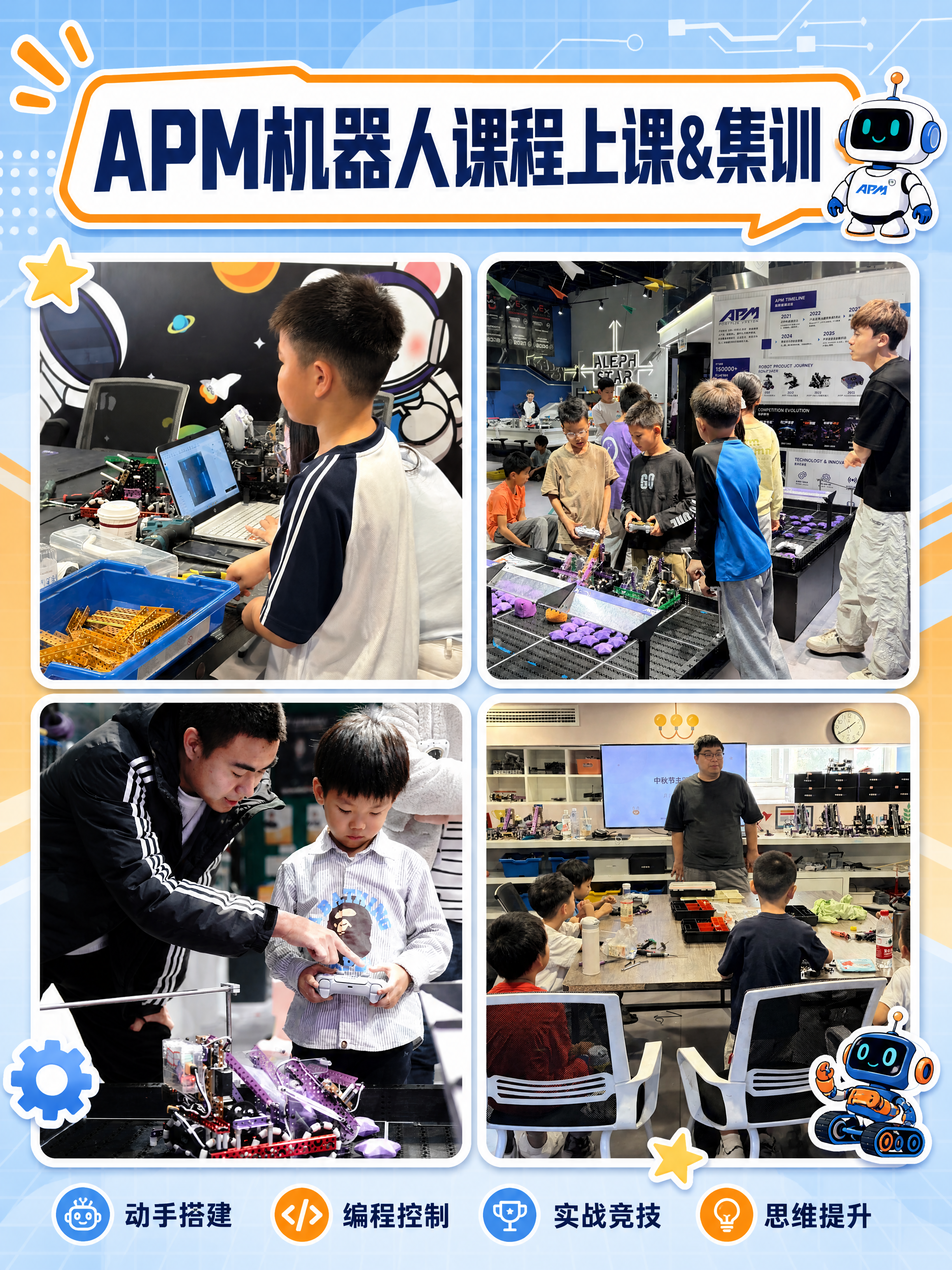 小红书笔记配图，四宫格拼贴风格，青少年机器人教育主题，版式精美… - 图片创意预览