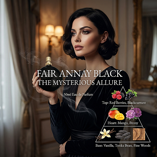 为50ml的Fair Annay BLACK黑色瓶身香水生成1:1比例的高级感欧美风格宣传海报，为人像展示款，画面包含欧美模特展示这款香水，整体氛围高级质感，海报上所有文案为英文，贴合香水卖点：前调红莓、黑加仑，中调芒果、牡丹，后调香草、零陵香豆、木质香