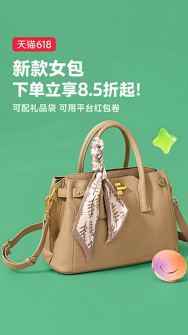 [主图-1] 参考参考图的版式结构，替换产品为卡其色新款女包，并修改文字内容，复刻爆款电商主图。
[氛围风格] 清新简约电商促销风格，视觉层次清晰，主体突出；
[画质] 商业摄影质感，光线明亮通透，产品清晰真实，画面干净高级；
[元素] 保持卡其色女包外观（物理结构、材质质感、颜色）与输入产品图绝对一致，杜绝任何变形和色差，精细化处理。女包放置在画面右侧区域，主体饱满清晰，商品主体占比约70%；左上角保留红色角标位置，左侧排版文字区域，右侧点缀装饰元素。保持参考图的绿色背景和整体版式布局；
[光影] 正面均匀布光，产品轮廓清晰，阴影柔和，色彩鲜亮通透；
[配色] 主色调为清新绿色背景，搭配红色角标、白色文字，和卡其色女包形成鲜明对比；
[视角构图] 平视构图，产品居中偏右，左侧文字区域留白充足，整体平衡稳定；
[文字版式] 左上角红色圆角矩形角标，白色文字"天猫618"；角标下方依次排版：第一行大字"新款女包"，第二行大字"下单立享8.5折起！"，第三行文字"可配礼品袋 可用平台红包卷"；所有文字均为白色，字号依次递减，左对齐排版，字体为粗体无衬线，文字清晰锐利，位置不遮挡产品主体；
[比例分辨率] 9:16比例，4k分辨率，文字清晰可辨，超高清画质；
[负向提示词] 变形，水印，文字错乱，产品图模糊，背景杂乱，色差，遮挡产品主体。