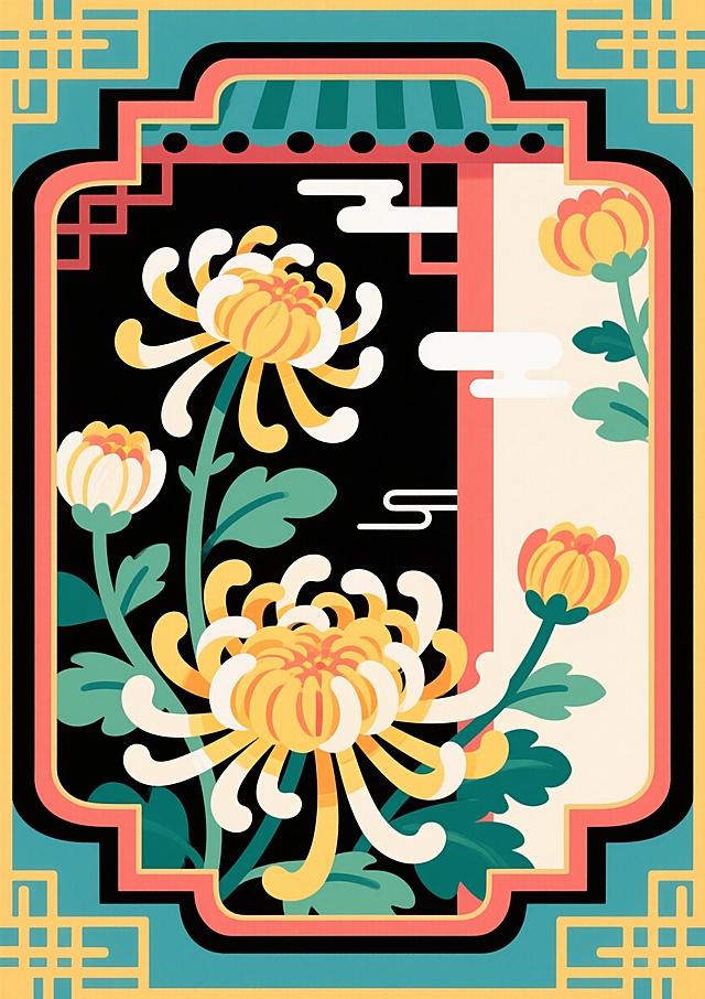 以菊花为主题的新中式配色扁平风插画，简约干净的线条和色块，中国风传统菊花主题