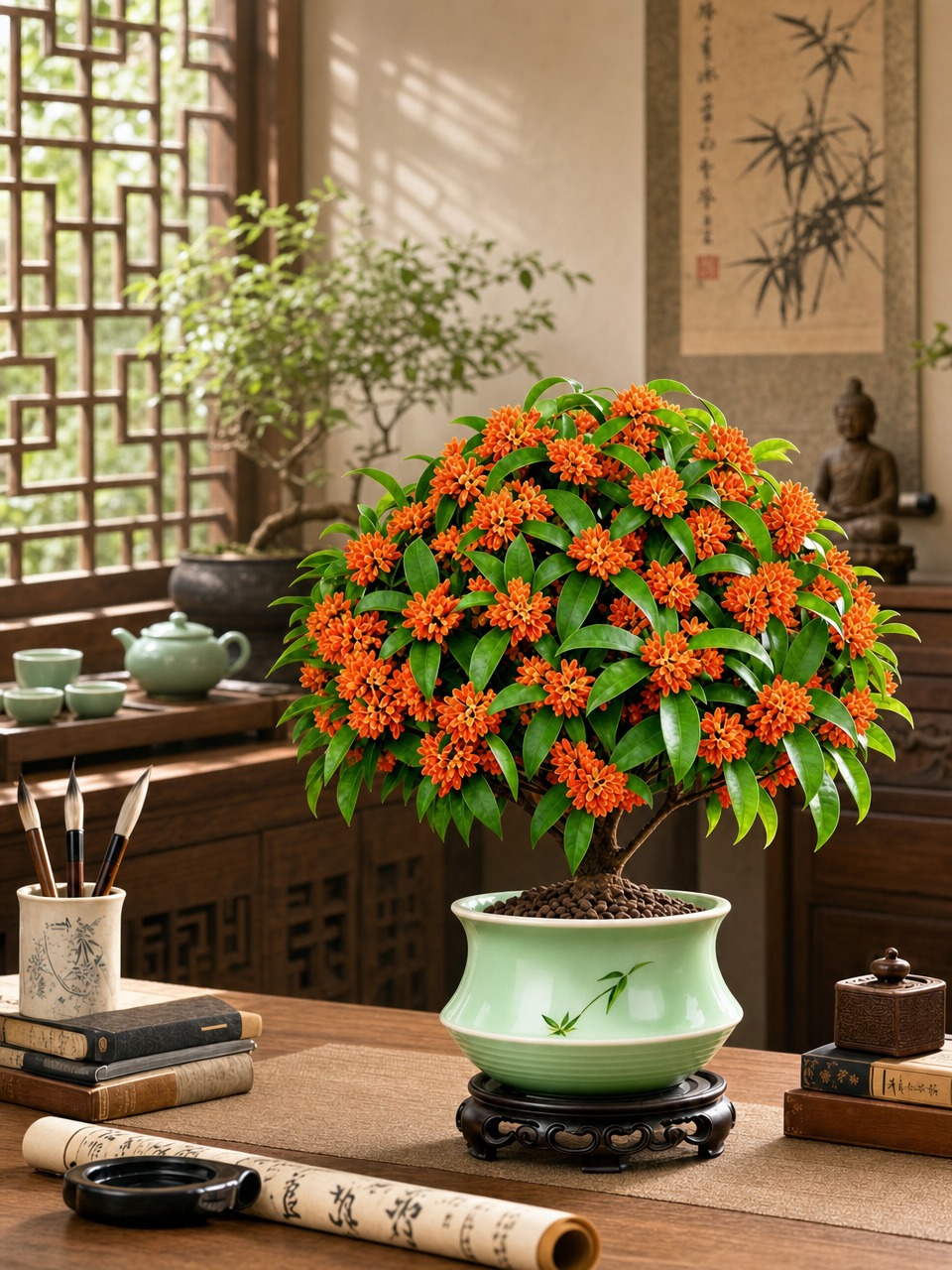 将背景更换为另一种风格的雅致中式茶室场景，背景包含中式花格窗、… - 图片创意预览
