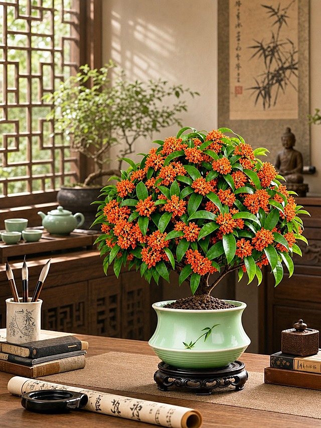 将背景更换为另一种风格的雅致中式茶室场景，背景包含中式花格窗、茶席、青瓷茶具、禅意绿植等元素，自然光从窗棂洒入，氛围清幽古朴。保留前景的桂花盆栽、青瓷花盆、黑色底座以及桌面上的所有物品不变，物品与新背景自然融合，画面清晰有质感