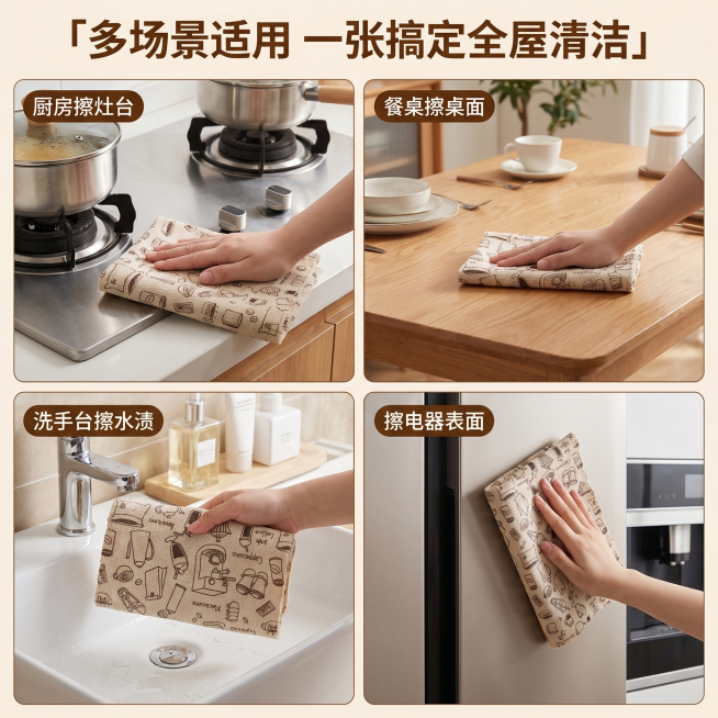 [主图-4] 手撕抹布多场景使用展示图，家居治愈风。
[氛围风格] 生活化真实场景，温馨治愈有代入感
[画质] 商业摄影质感、光线柔和通透、产品清晰真实、画面干净高级
[元素] 四宫格布局展示四个常用预览效果