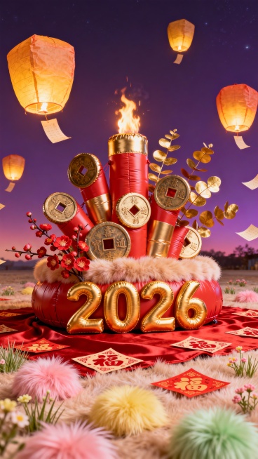 主体为铜钱烟花造型的充气装置，前有鎏金立体 “2026” 字，旁边少许红梅与金色尤加利叶簇生，背景是飘着孔明灯的绛紫渐变夜空，地面铺着红绸地毯，散落新年福字贴纸。预览效果