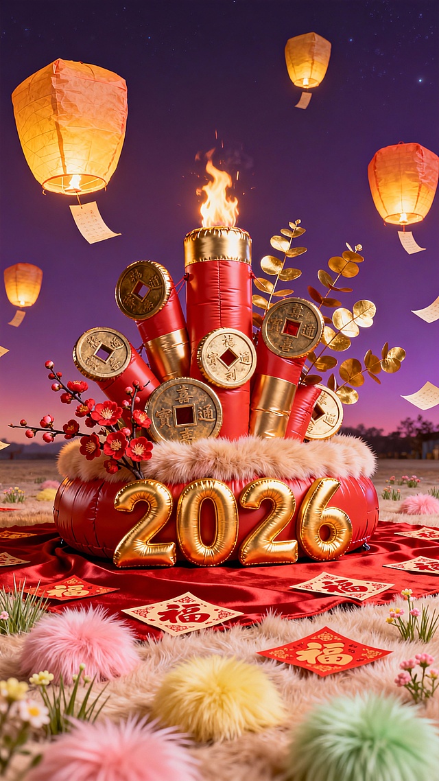 主体为铜钱烟花造型的充气装置，前有鎏金立体 “2026” 字，旁边少许红梅与金色尤加利叶簇生，背景是飘着孔明灯的绛紫渐变夜空，地面铺着红绸地毯，散落新年福字贴纸。