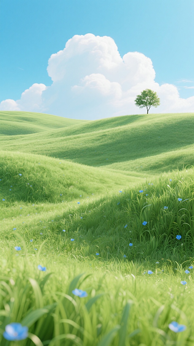 3D渲染风格的自然背景，广阔的绿色起伏草原，草叶茂密且带有细腻纹理，点缀着零星蓝色小花，远处有一棵孤立的小树，上方是明亮的蓝天，漂浮着形态饱满、边缘柔和的白色积云，整体光影明亮柔和，呈现出宁静开阔、充满生机的氛围，色彩以翠绿和蔚蓝为主，过渡自然和谐，画面具有清晰的景深和空间感。