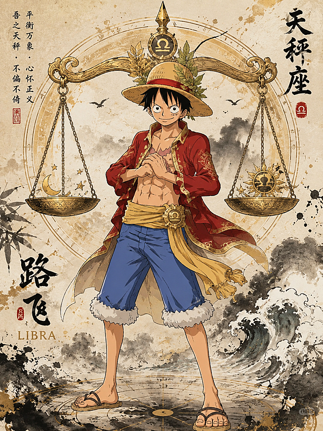 海贼王路飞结合天秤座星座元素，表达天秤座神性，海贼王原动漫绘画风格，融入水墨元素和日本动漫画风，画面画风统一，为系列作品中的一张