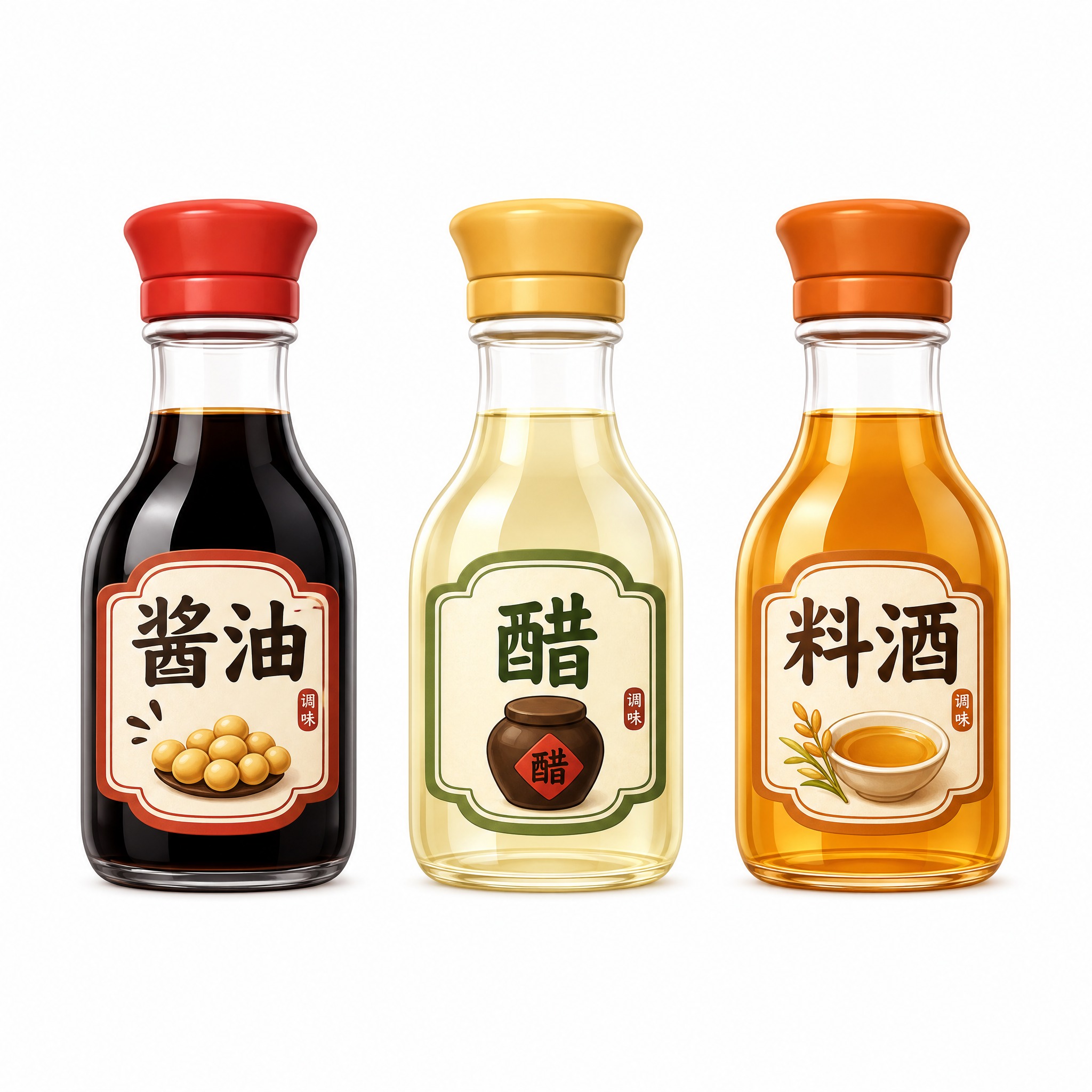 3D卡通风格的调味品图标，三瓶调味料并排摆放，分别是酱油、醋、… - 图片创意预览