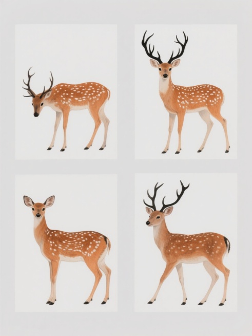 一组四只不同品种或造型的鹿，每只鹿保持原图的写实水彩质感，橙棕色主体带有白色斑点，细腻的毛发纹理，黑色的鹿角和蹄部，姿态各异（如站立、低头、行走等），呈规整的矩形网格排布在纯白色纯色背景上，整体风格简约现代，无任何文字、logo或水印。预览效果