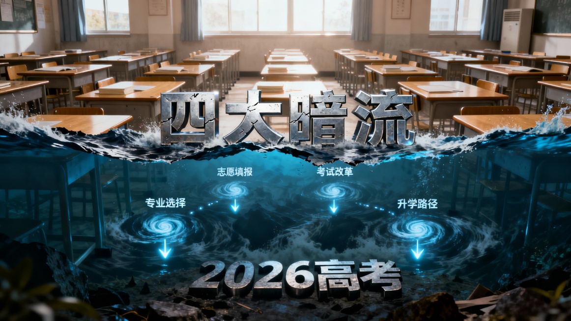 [image-宏大的高考考场俯瞰图，上方光线明亮、桌面整洁；画面从中间被一道汹涌的暗蓝色水流横向撕裂，水下暗流涌动，隐约有代表“专业选择”、“志愿填报”、“考试改革”、“升学路径”的四个发光漩涡或路径预览效果