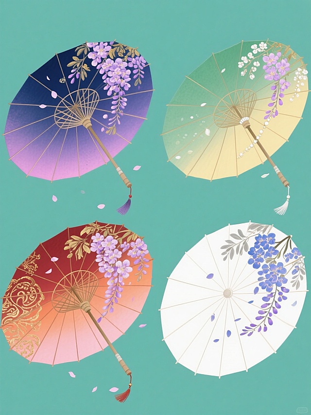 中国风手绘风格，紫藤花装饰的古典油纸伞系列，保持伞面半开姿态、伞骨细节、流苏挂坠及飘落花瓣元素，以纯色背景呈现四个完全不同色彩款式：1. 墨蓝伞面配粉紫渐变紫藤花与银金点缀 2. 翠绿伞面配鹅黄紫藤花与珍珠白装饰 3. 赭红伞面配橙粉渐变紫藤花与古铜金纹样 4. 月白伞面配靛蓝紫藤花与银灰描金，整体构图规整对称，色彩过渡柔和，线条细腻流畅，四个款式呈田字格排布，画面干净无文字信息。