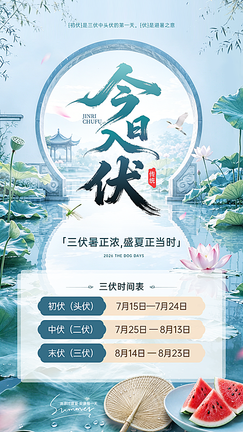创意初伏入养生知识科普宣传中式感竖版海报