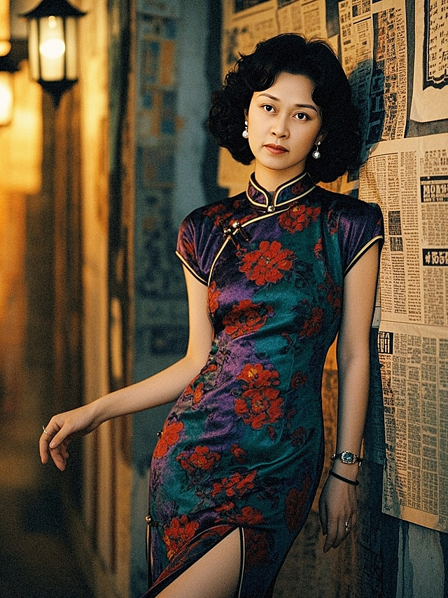高清8K复古港风民国写真，中年女性，慵懒优雅的复古气质
发型：黑色短款大波浪卷发（卷度饱满有光泽，民国港风造型）
妆容：港风复古妆（自然舒展眉形+哑光红唇，妆面精致利落，神态沉静带疏离感），佩戴小巧珍珠耳钉
服饰：紫绿底色、红色花卉图案的丝绸修身旗袍（面料顺滑有光泽，领口/开叉处带细镶边），搭配棕色高跟皮鞋
身体姿态：侧身轻倚于贴满旧报纸的斑驳墙面上，身体重心向墙面倾斜，一侧肩膀轻贴墙面；一条腿自然弯曲，穿高跟鞋的脚尖轻抵墙面，另一条腿微微伸直支撑身体；一只手松弛垂落于身侧，肩颈舒展放松，头部轻转向镜头，姿态慵懒又带复古优雅的张力
场景：民国老巷弄背景，墙面贴满泛黄旧报纸（带有民国时期汉字排版），墙面有色彩剥落的肌理（橙、绿底色），光线是暖黄与冷绿交织的夜景光，营造怀旧迷离的复古氛围
风格：胶片颗粒质感，港风复古撞色色调，明暗对比的氛围感打光（突出旗袍丝绸光泽、报纸纹理、墙面斑驳肌理），民国怀旧氛围感