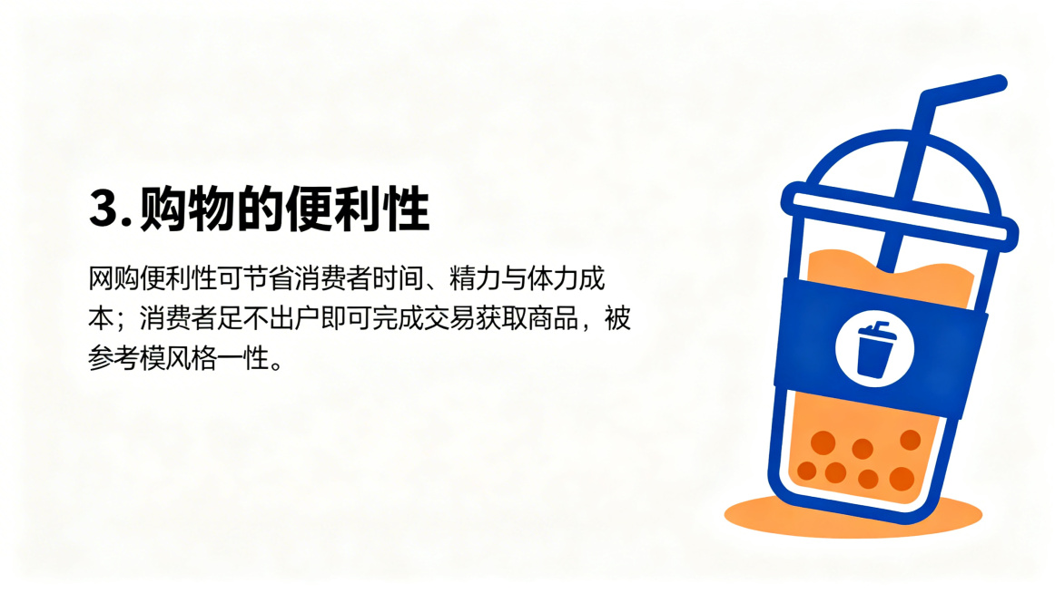 简约扁平风教学PPT内容页，标题为"3. 购物的便利性"，正文内容：网购便利性可节省消费者时间、精力与体力成本；消费者足不出户即可完成交易获取商品，顺应现代生活对便利性的追求，被越来越多消费者接受，蓝预览效果