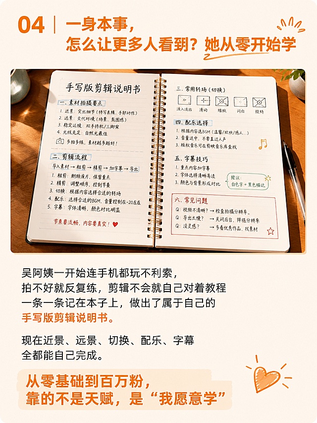 [第5屏] 福居社区职艺师IP孵化服务详情页成长故事屏。本屏讲述吴阿姨从零开始学剪辑的励志故事。
[氛围/风格] 真实有感染力，励志温暖，图文结合清晰。
[元素布局] 顶部放置栏目标题“04 | 一身本事，怎么让更多人看到？她从零开始学”，上方放“手写版剪辑说明书”照片占位，展示吴阿姨手写的笔记内容，下方放故事文案：吴阿姨一开始连手机都玩不利索，拍不好就反复练，剪辑不会就自己对着教程一条一条记在本子上，做出了属于自己的手写版剪辑说明书。现在近景、远景、切换、配乐、字幕全都能自己完成。总结“从零基础到百万粉，靠的不是天赋，是“我愿意学””。
[光影质感] 手写笔记区域清晰可辨，文字区域均匀明亮，整体自然有温度。
[配色色系] 全局底色 #FCF6F0，主色暖橙 #E8831A，标题暖橙色突出，正文黑色。
[视角构图] 从上到下纵向排版，上图下文，符合移动端竖屏浏览习惯。
[文字版式] 栏目标题暖橙色加粗左对齐，正文分段排版，行间距适中，总结句加粗突出，文字大小适合手机端清晰阅读。
[比例分辨率] 3:4竖版比例，1080px宽，1440px高，分辨率 4K，文字清晰可辨，高清画质。
[负向提示词] 文字错乱，文字过小，笔记模糊，变形，水印，颜色偏差。